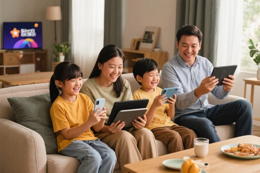 一家人坐在客厅沙发上，通过各自的手机和平板电脑愉快地使用星欧娱乐App