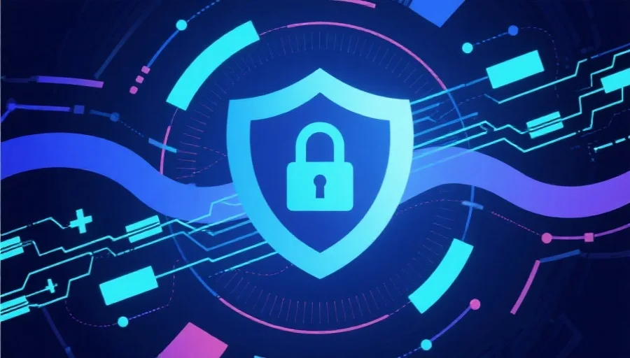 抽象风格的网络安全概念图，有锁和数据流，突出安全和可靠性